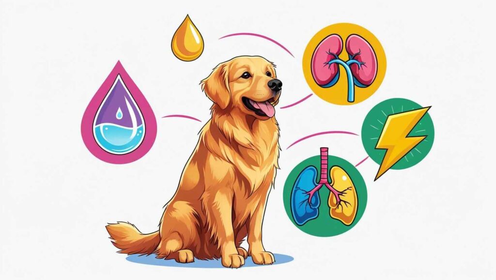A healthy, happy dog with icons around it representing benefits like hydration, kidney health, and energy—ideal for summarizing the advantages in a visual snapshot