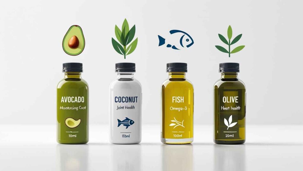 Avocado Oil vs. Other Dog-Friendly Oils (Comparison Table) Comparison of avocado oil with coconut, fish, and olive oil for dogs' health.