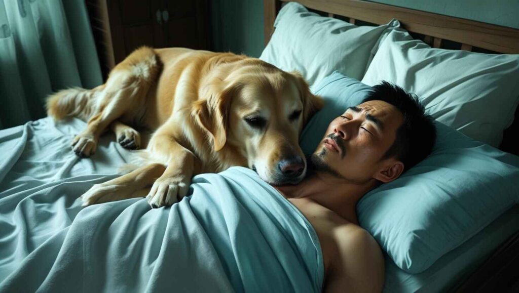 Behavioral Changes in Dogs When You’re Sick Dog lying beside a sick person in bed, showing emotional support and concern.