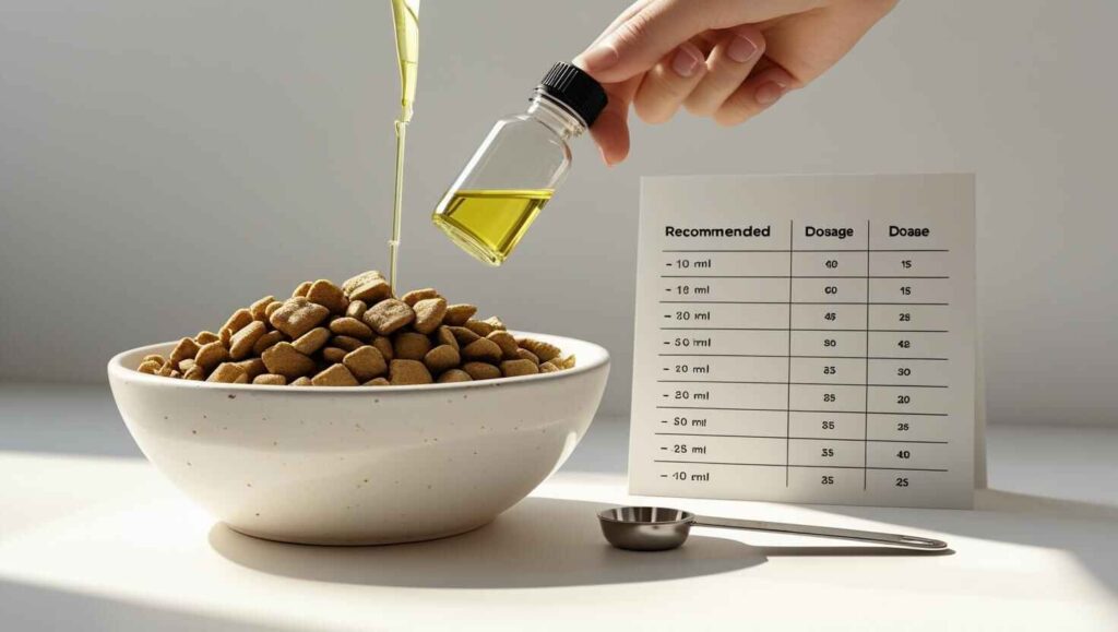 Best Ways to Introduce Avocado Oil into Your Dog’s Diet Pouring avocado oil over dog food with dosage chart in background.
