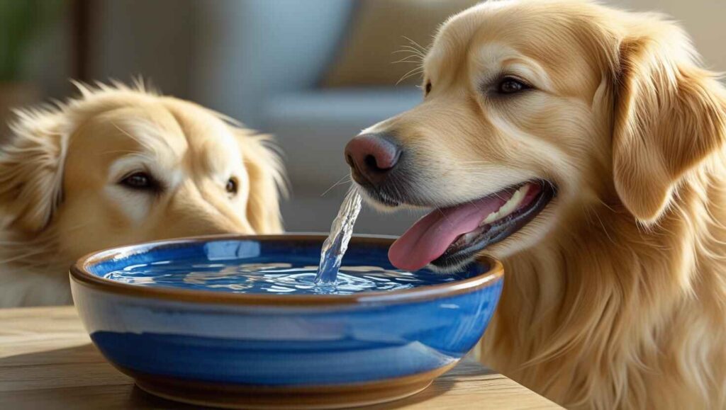 a golden colour dog drinking a alkaline water