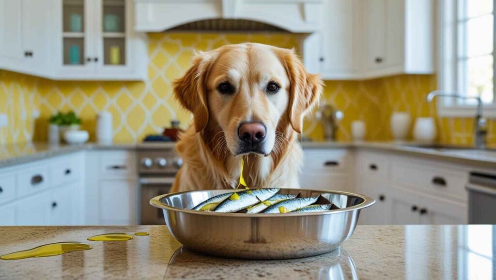 Dog looking at a bowl of sardines in olive oil on a kitchen counter