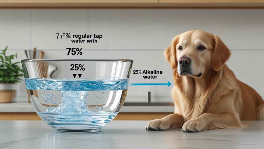 A step-by-step visual showing a bowl being filled with 75% regular water and 25% alkaline water, with a dog nearby—perfect for illustrating the gradual introduction method.