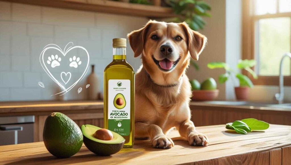 is avocado oil good for dogs​-Dog with avocado oil and avocado on kitchen counter.