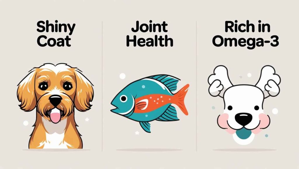 Infographic showing health benefits of sardines for dogs like shiny coat, joint support, and omega-3s