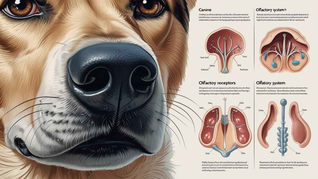 Close-up of a dog’s nose with visuals showing their powerful senses like smell and hearing.