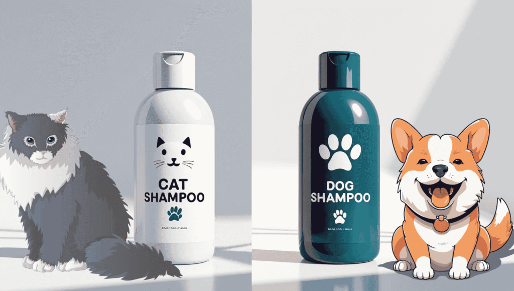 cat and dog beside shampoo bottles