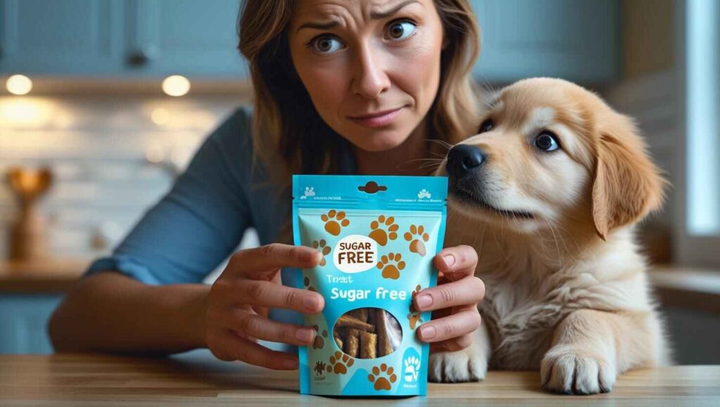 Woman holding sugar-free dog treats with a worried expression, next to a curious puppy.