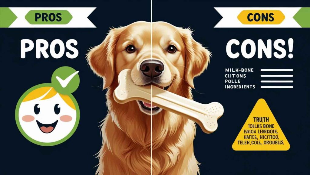 Golden retriever holding a Milk-Bone with pros and cons comparison graphic