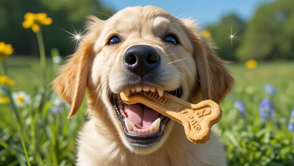 Happy dog in field with sparkling teeth holding a Milk-Bone