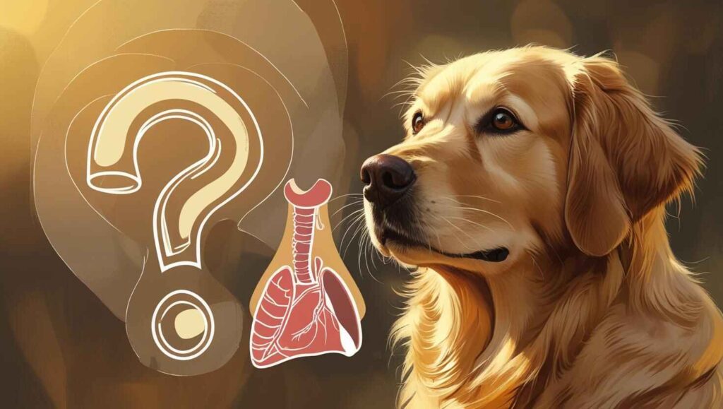 Golden Retriever looking curious with a question mark and throat diagram illustration.
