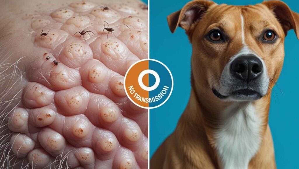 Can Lice Be Transmitted Between Humans and Dogs Split image showing human lice on skin and a dog’s face with a “No Transmission” icon in the center.-Do Dogs Get Lice from Humans