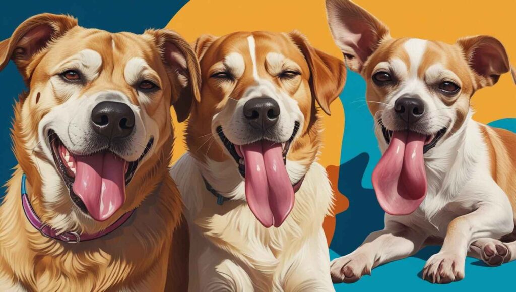 Common Reasons Why Dogs Stick Their Tongue Out (1) Three smiling dogs with tongues out against colorful background