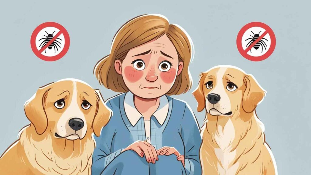 Worried woman sitting between two dogs with “no lice” signs above, illustrated in cartoon style.-Do Dogs Get Lice from Humans