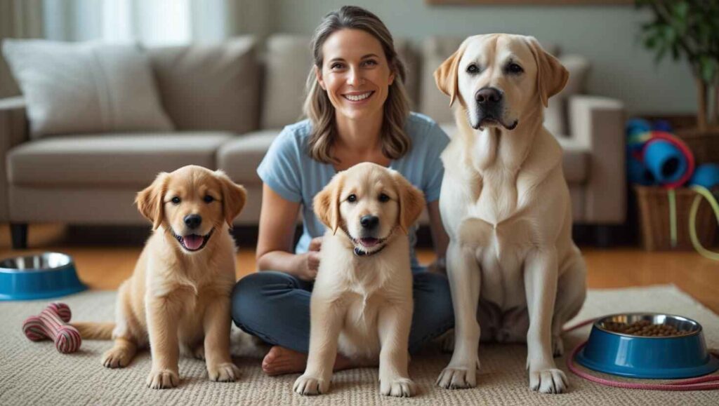 Double the Love, Double the Responsibility Woman smiling with two puppies and an adult golden retriever inside a home.