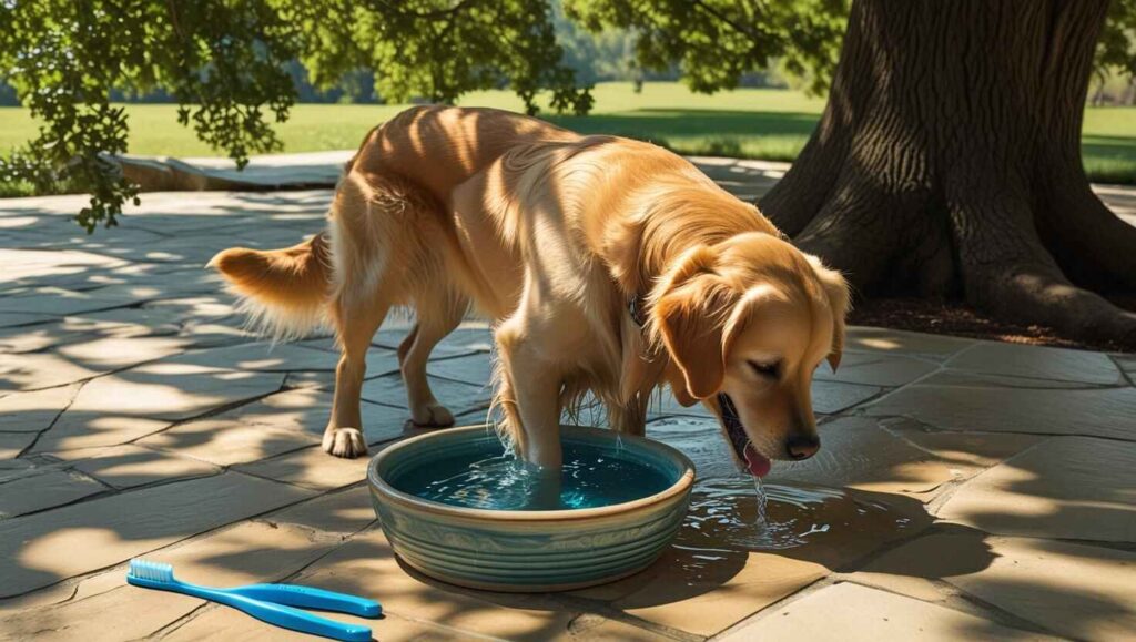 Helpful Tips for Dog Owners (1) Dog drinking water near toothbrush in outdoor shade