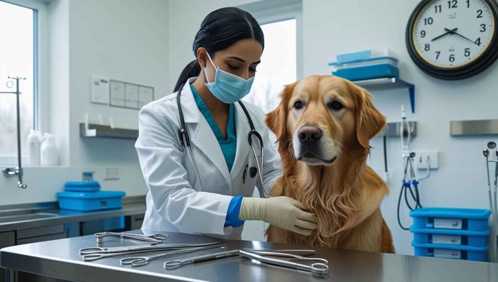 How Long Does It Take to Spay a Dog 1 (1) Female veterinarian with a golden retriever in clinic during spay consultation.