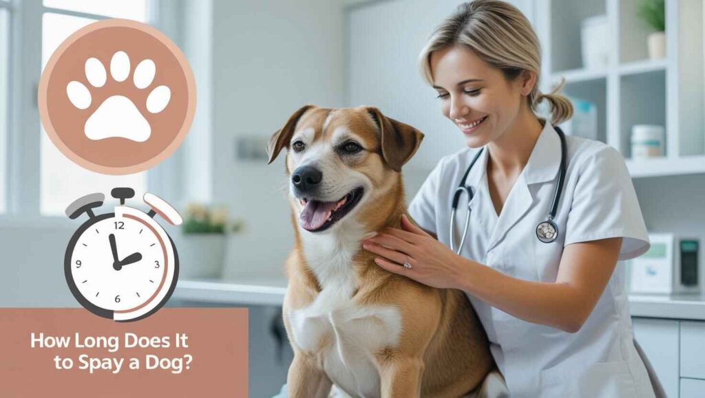 Veterinarian with a happy dog discussing spay surgery timing.