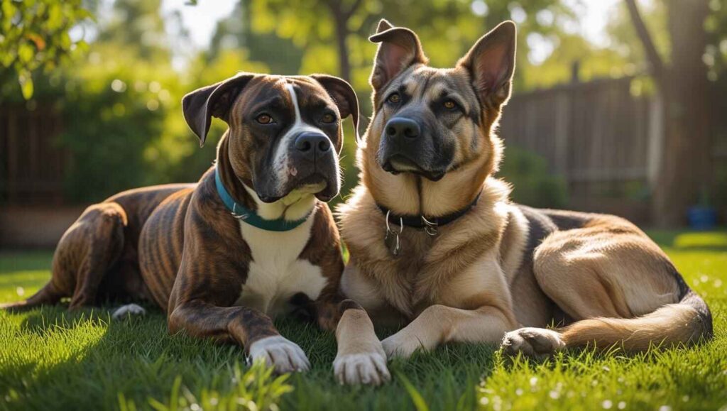 Two calm dogs lying together in the backyard after successful behavior training.