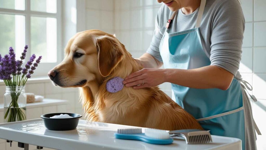 How to Treat Lice in Dogs A pet owner gently bathing a Golden Retriever using a sponge, with grooming tools on the table.-Do Dogs Get Lice from Humans