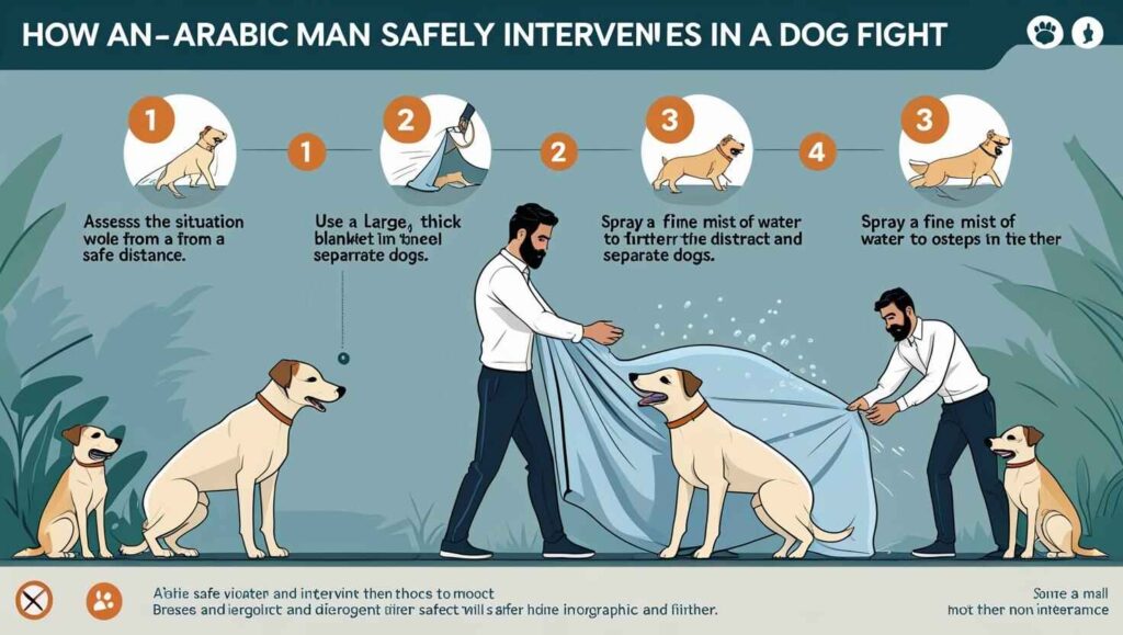 Immediate Steps to Break Up a Dog Fight Safely (1) Illustrated guide showing how to use a blanket and water spray to safely stop a dog fight.