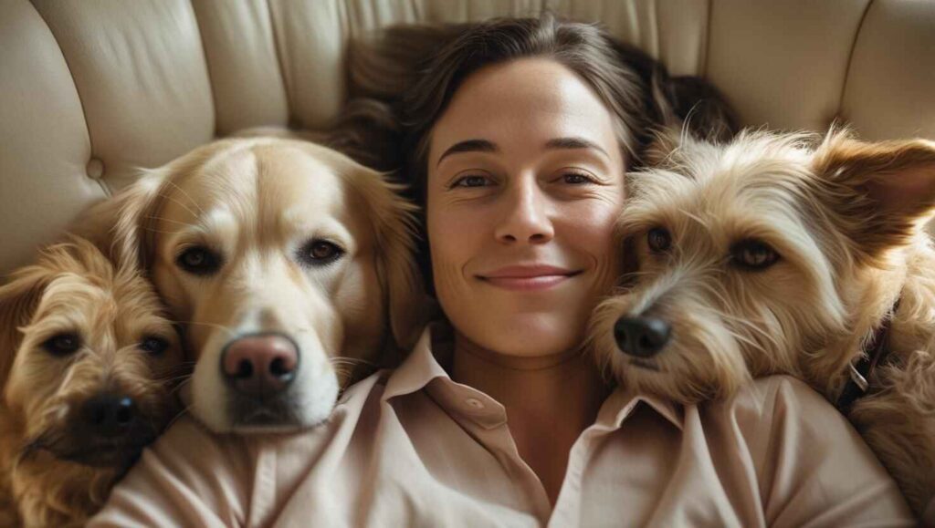 It’s Emotionally Rewarding but Challenging Woman lying on a couch cuddling with three affectionate dogs.
