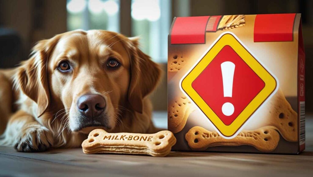 Dog lying beside Milk-Bone box with warning symbol