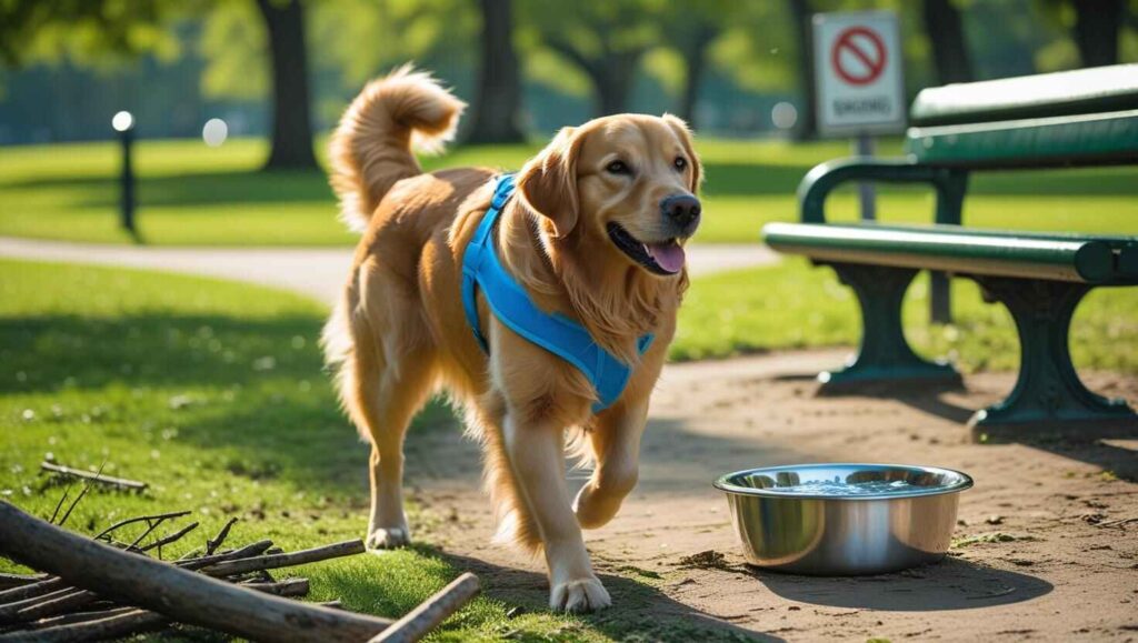 Prevention Tips for Dog Throat Health Happy Golden Retriever walking in a park with a harness near a no-smoking sign and water bowl.