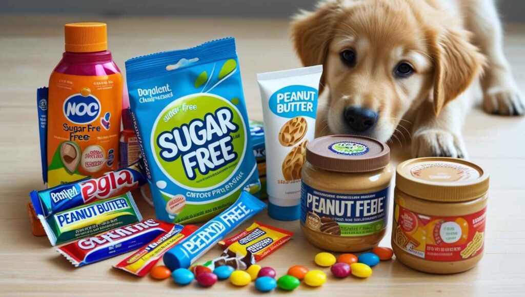 Products That May Contain Hidden Sweeteners Dog surrounded by various sugar-free human products like gum, peanut butter, and candies.