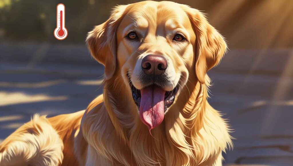 Risks or Side Effects (1) Dog panting with tongue out in hot weather and thermometer icon
