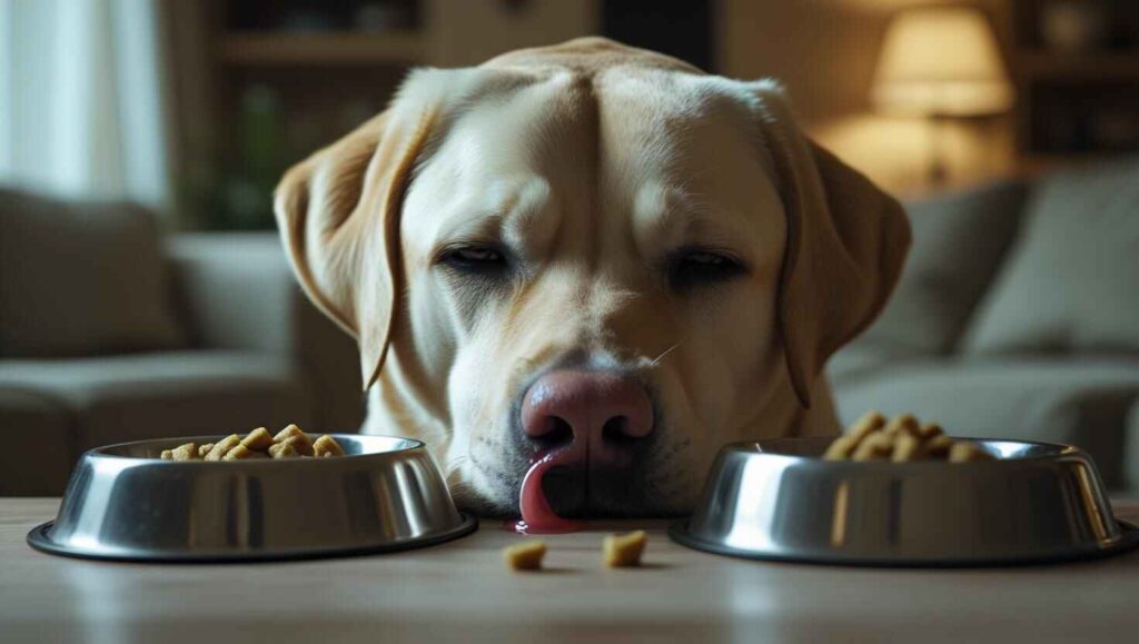 Signs Your Dog Might Have a Sore Throat-Can Dogs Get Sore Throats? Sad-looking Labrador resting head between food bowls, licking lips with low energy.