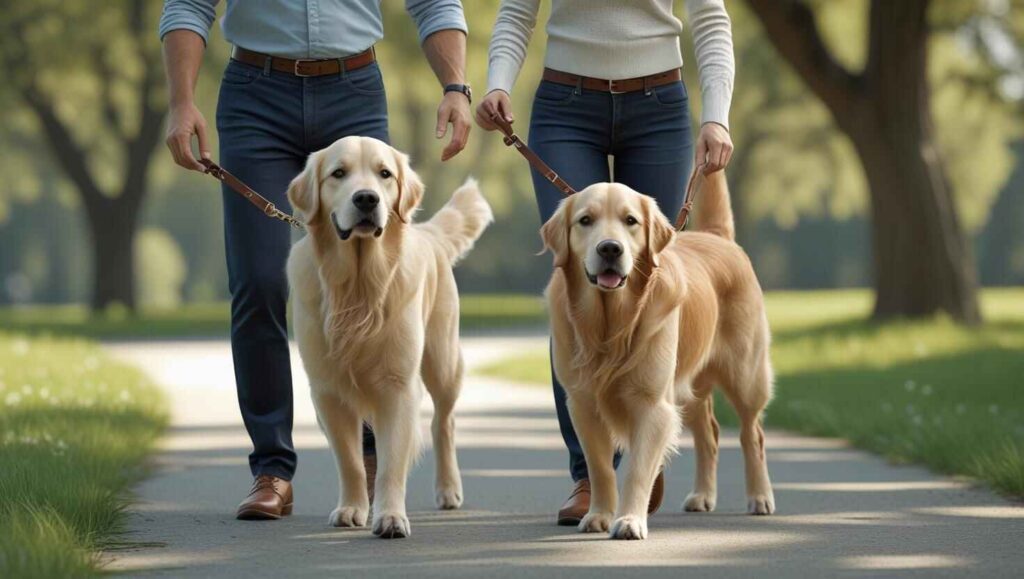 Step-by-Step Guide to Prevent Future Dog Fights (1) Two Golden Retrievers being walked calmly by owners during training.