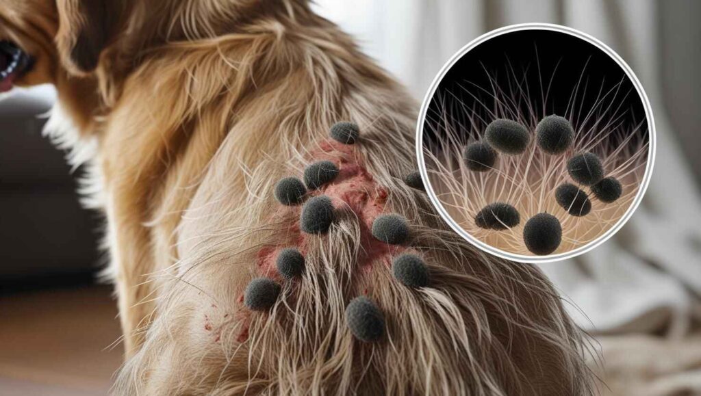 Symptoms of Lice in Dogs Close-up of irritated dog skin with visible lice infestation and a zoomed-in view of lice on fur.-Do Dogs Get Lice from Humans