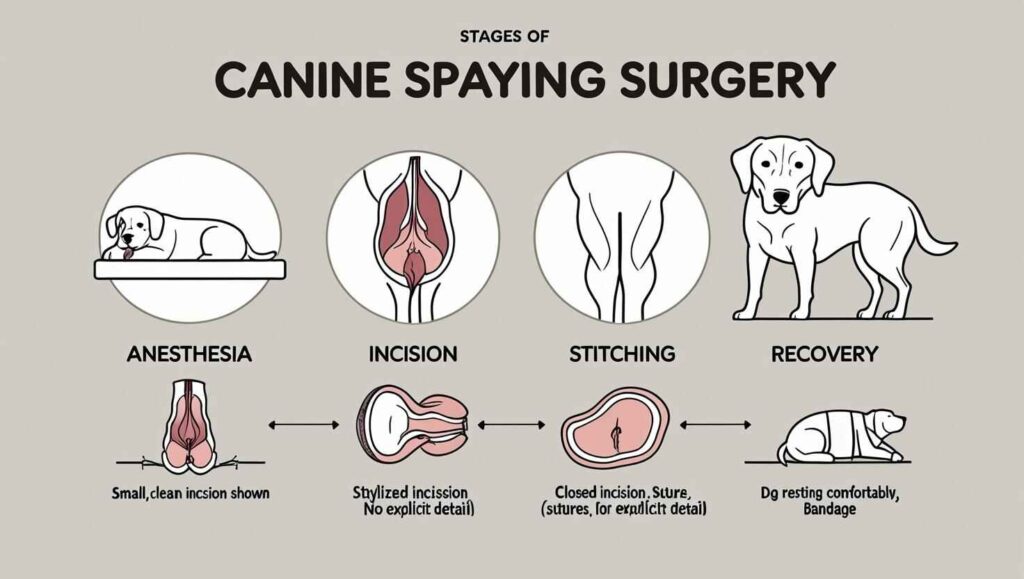 The Spaying Process Step-by-Step (1) Illustrated canine spaying surgery process with stages from anesthesia to recovery.