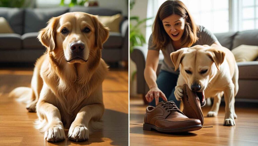 Training Becomes More Complex Split image of a calm dog and another chewing a shoe with the owner reacting.