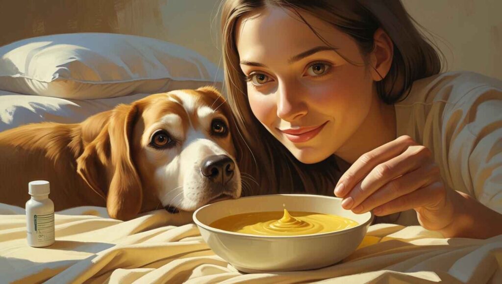 Treatment Options for Dog Sore Throats Dog lying in bed next to owner offering a bowl of soft food with medication bottle nearby.