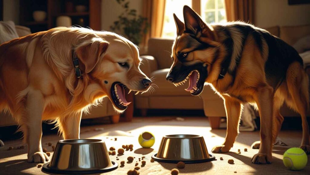 Understanding Why Dogs Fight at Home (1) Two dogs growling over food bowls and toys inside the house.