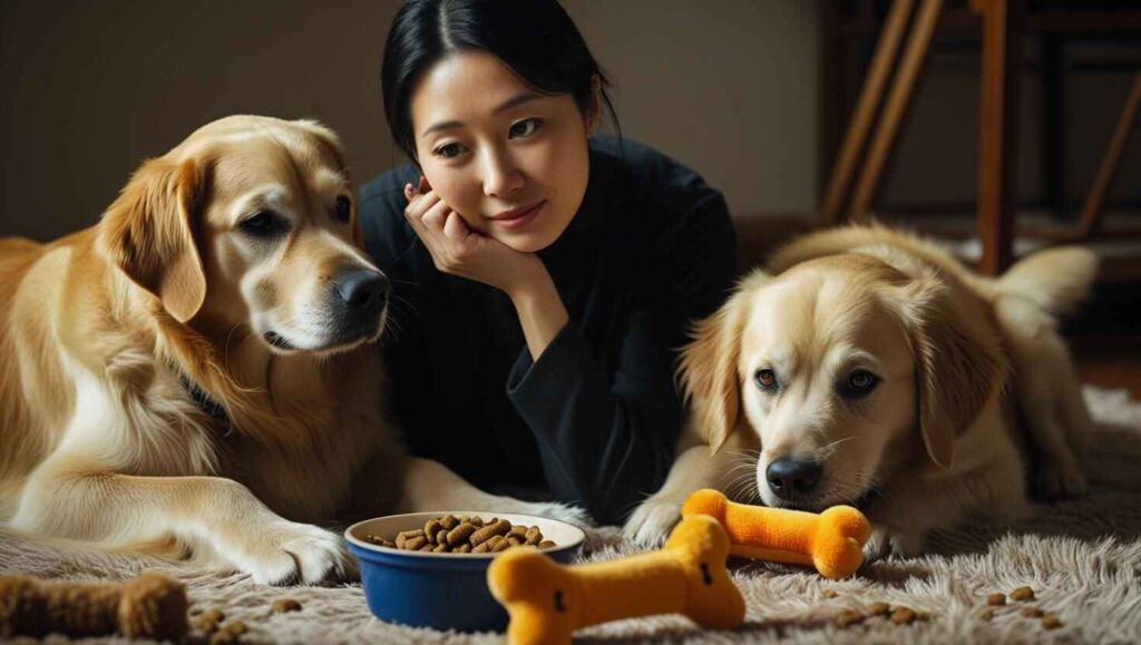 Pet owner sitting with two golden retriever puppies and one adult dog in a cozy living room.-What I Wish I Knew Before Getting a Second Dog