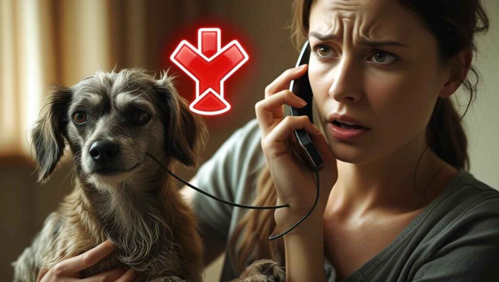 What to Do if Your Dog Eats Artificial Sweeteners Woman urgently calling the vet while holding a sick-looking dog with a red emergency symbol.