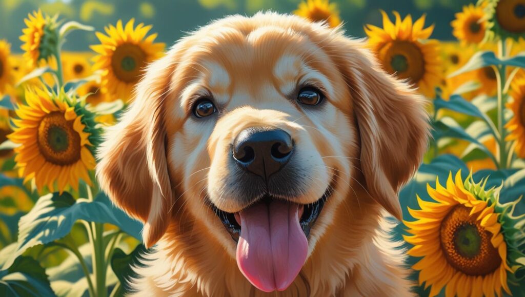 Happy golden retriever with tongue out in a sunflower field