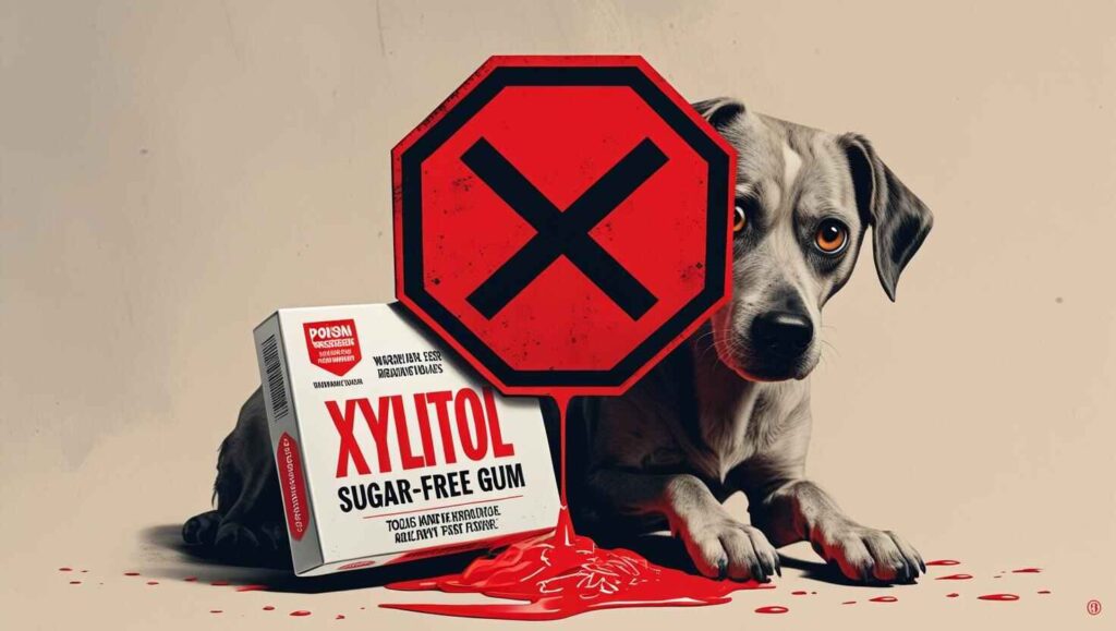 Xylitol – The Most Dangerous Sweetener for Dogs Dog next to a xylitol-labeled gum pack with a red danger symbol.