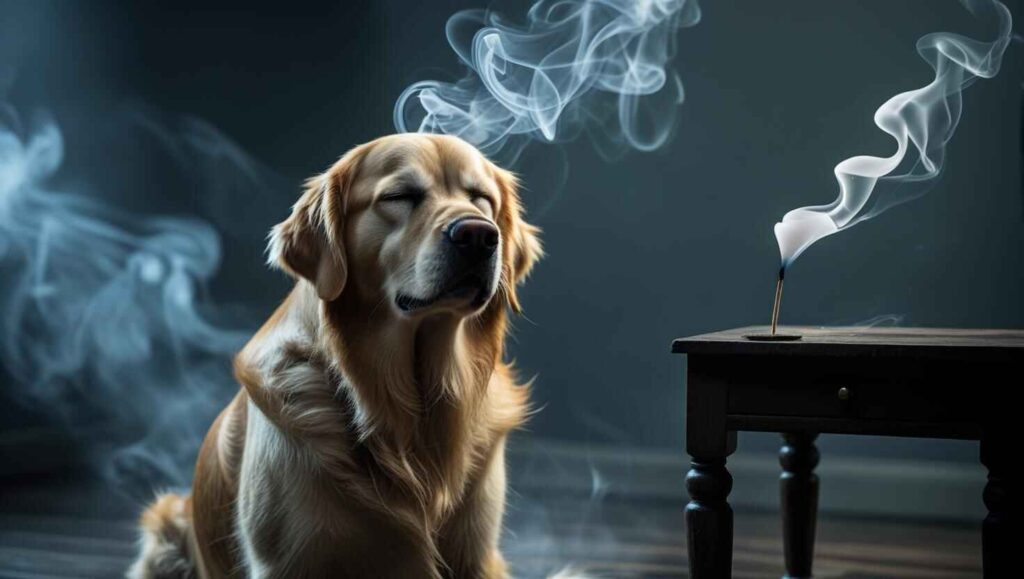 Dog squinting uncomfortably near incense smoke in a dim room