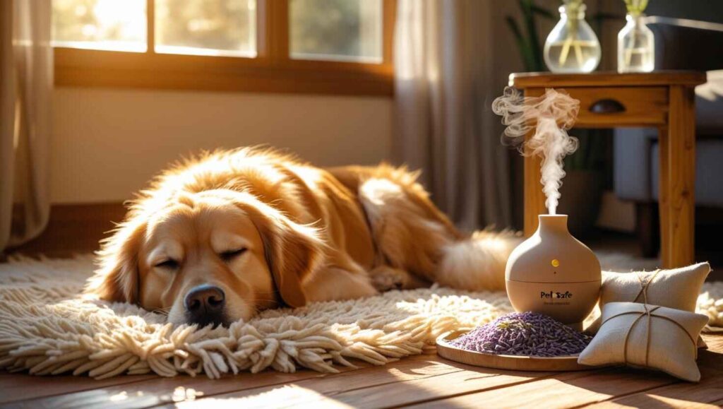 Alternatives to Incense That Are Pet-Friendly (1) Dog sleeping peacefully next to a pet-safe diffuser and natural air fresheners