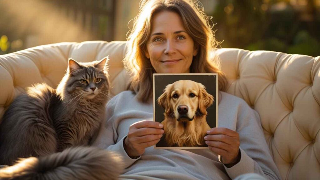 Woman holding dog’s photo with cat beside her on couch.