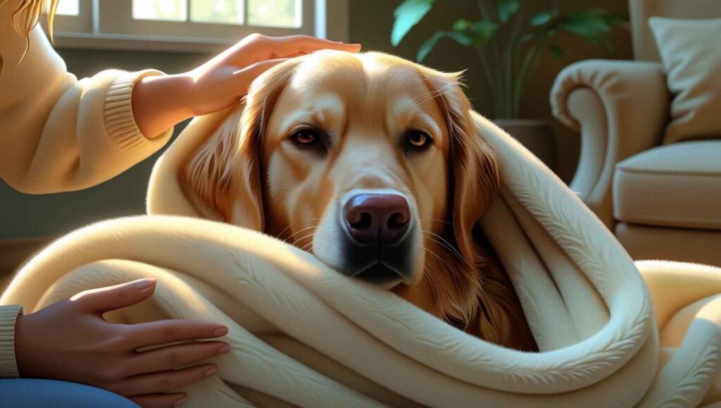 Golden retriever wrapped in blanket, comforted by human hands.
