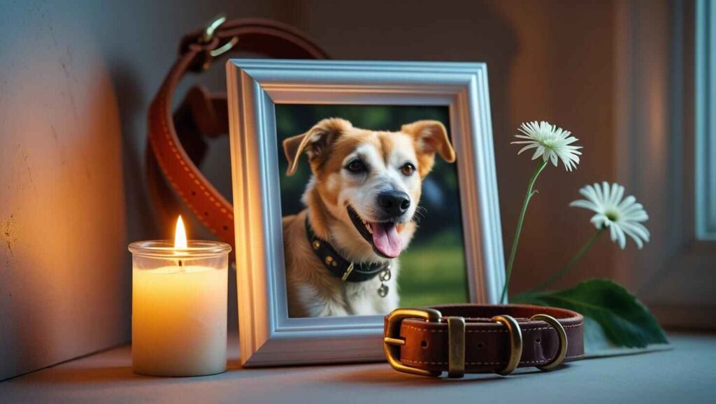 Dog photo, candle, collar, and flowers in pet memorial setup.